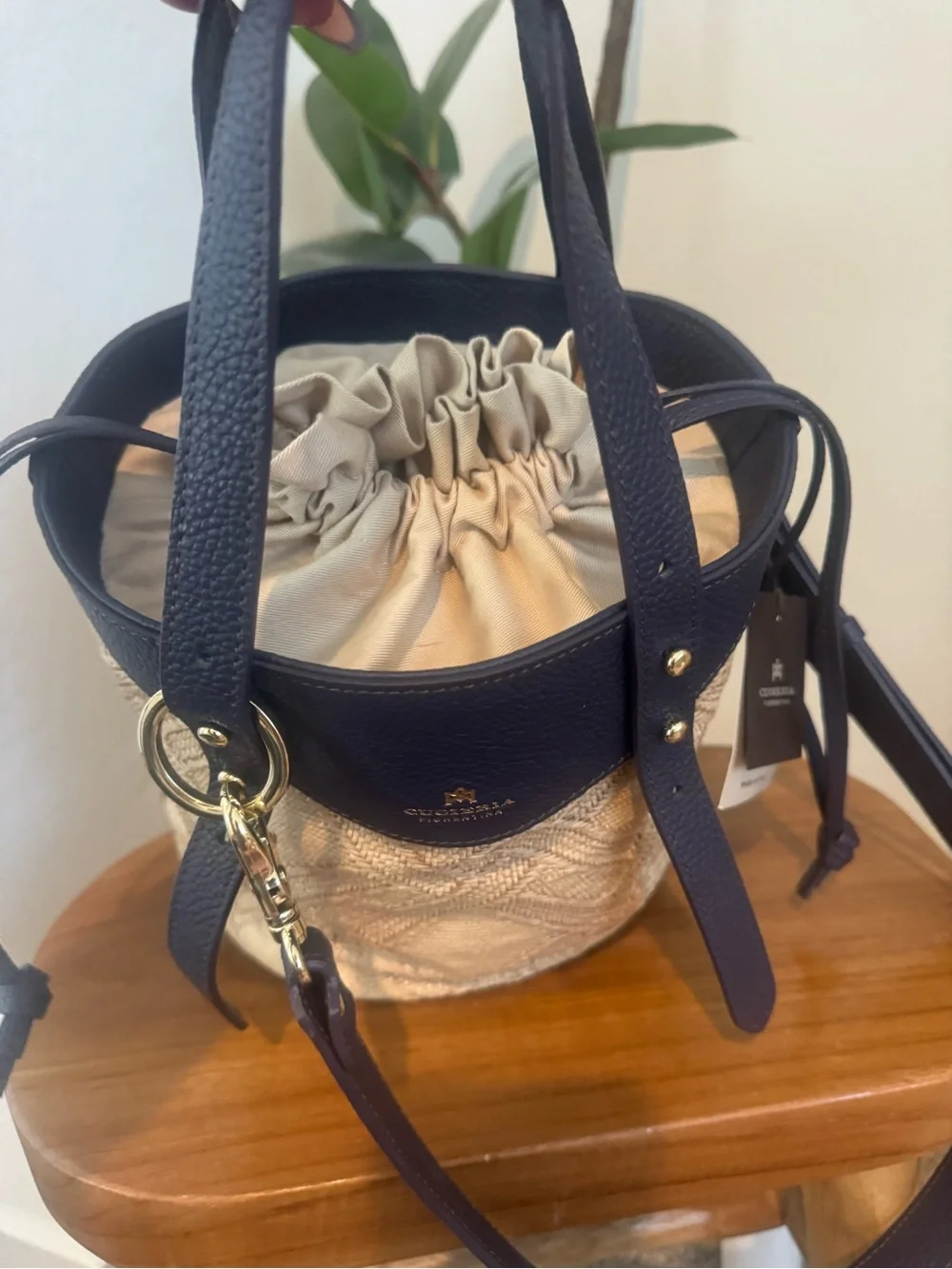 Cuoieria Fiorentina Navy & Natural Straw Crossbody Bucket Bag